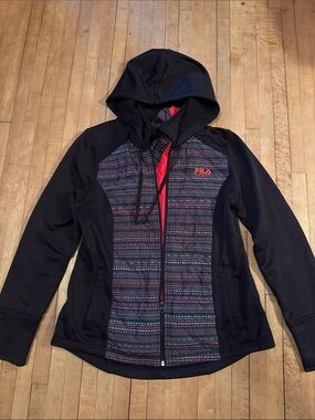 Fila Black Hooded Jacket with Multicolor Patterned Front and Red Trim